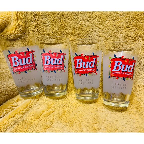 BUD King of Beers Pint Glass (Seasons Greetings) Frosted with Lights set of 4 - Picture 1 of 8